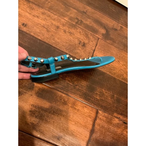 Balenciaga Teal Blue Leather Studded Thong Sandals, Size 6.5 (US) 36.5 (EU) - Picture 5 of 10